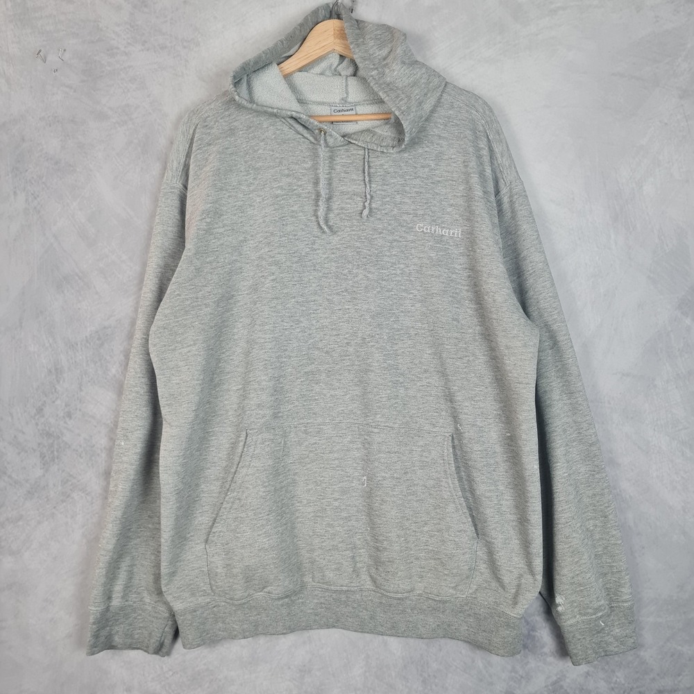 Vintage Carhartt Hoodie Mens Large Gray Fleece Pullover Logo Kangaroo Pocket